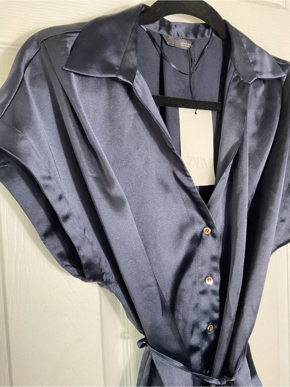 ZARA Satin Navy Blouse Size M Belted Button Front Top NWT Chic Elegant - Picture 5 of 9